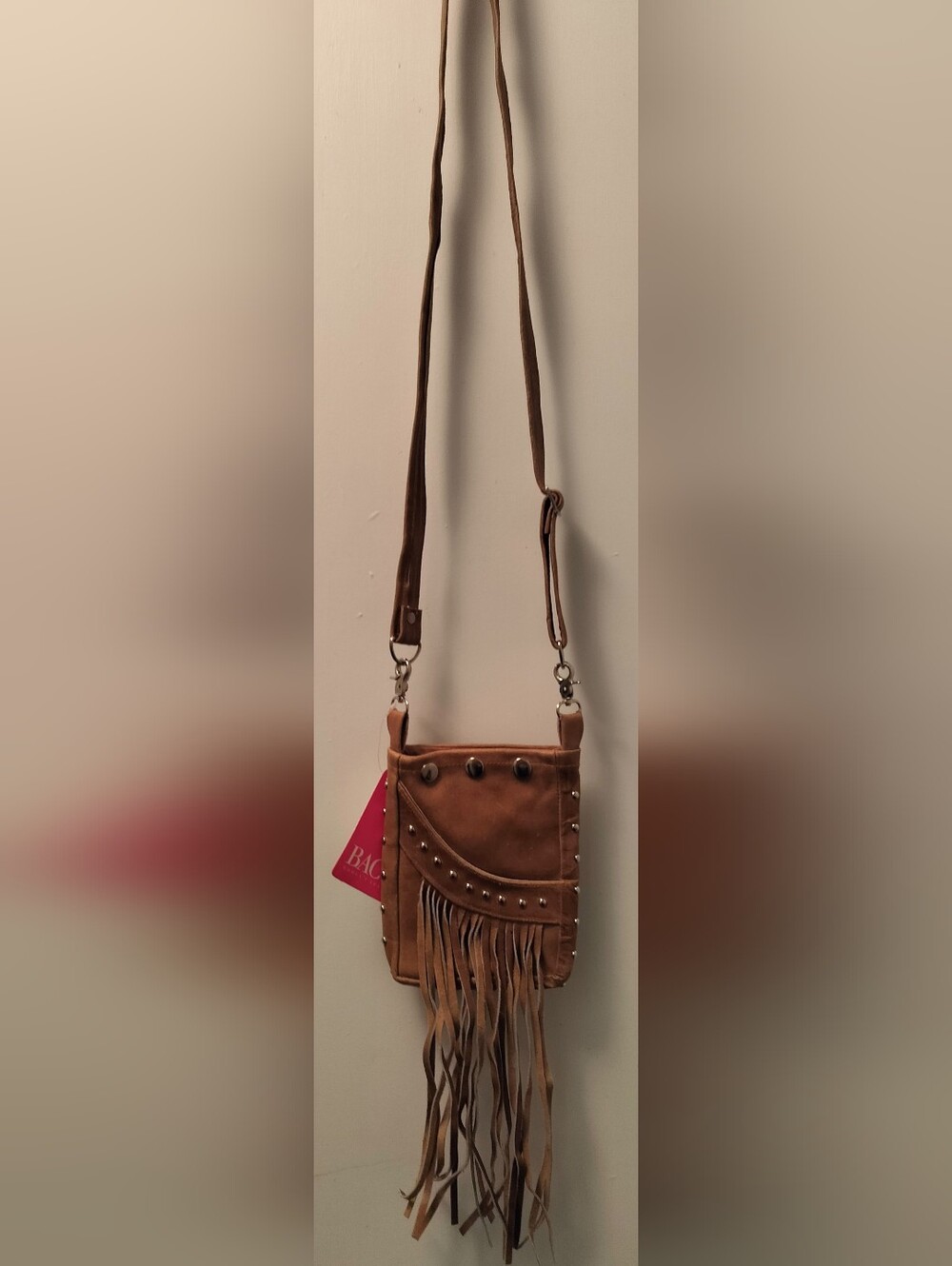 Tan Fringed  Leather Crossbody Bag With Silver Studs on Outside Pocket